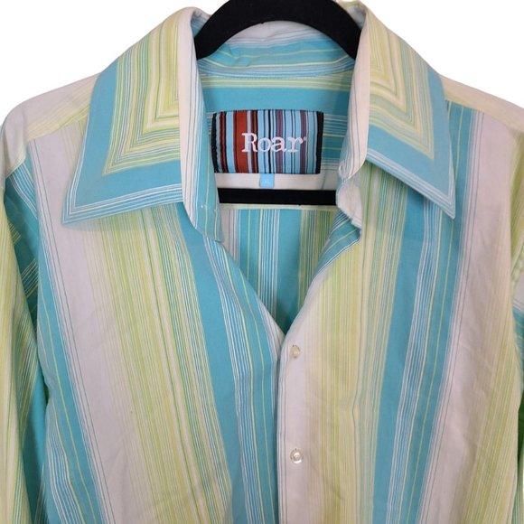 Roar Mens XL Green Blue Striped Long Sleeves Button Up Marlow Dress Shirt - Picture 2 of 8